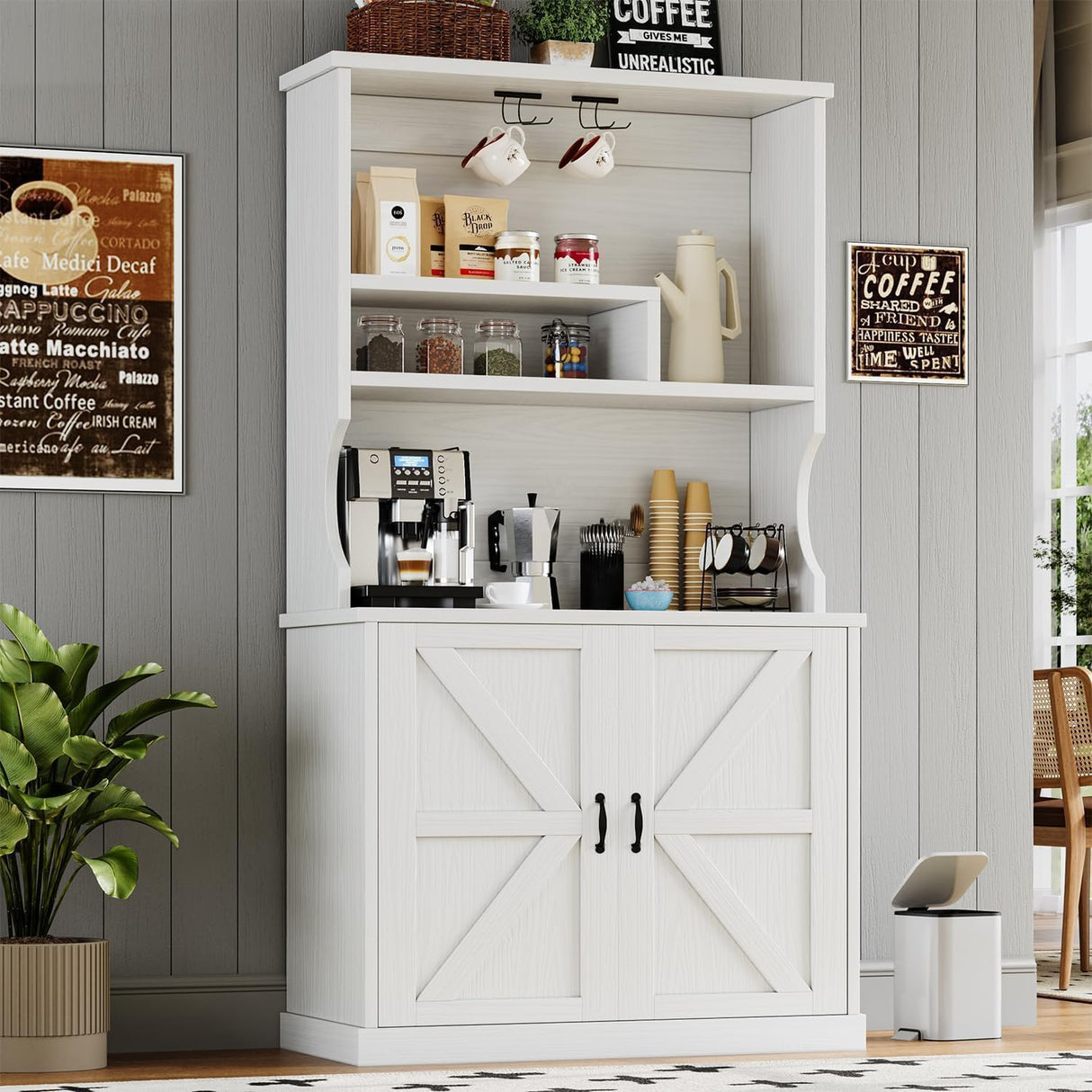 4ever2buy Farmhouse Coffee Bar Cabinet with Storage Hutch, 73 Inch Tall Coffee Bar with Wine Racks and Adjustable Shelves for Living & Dining Room, White 4ever2buy