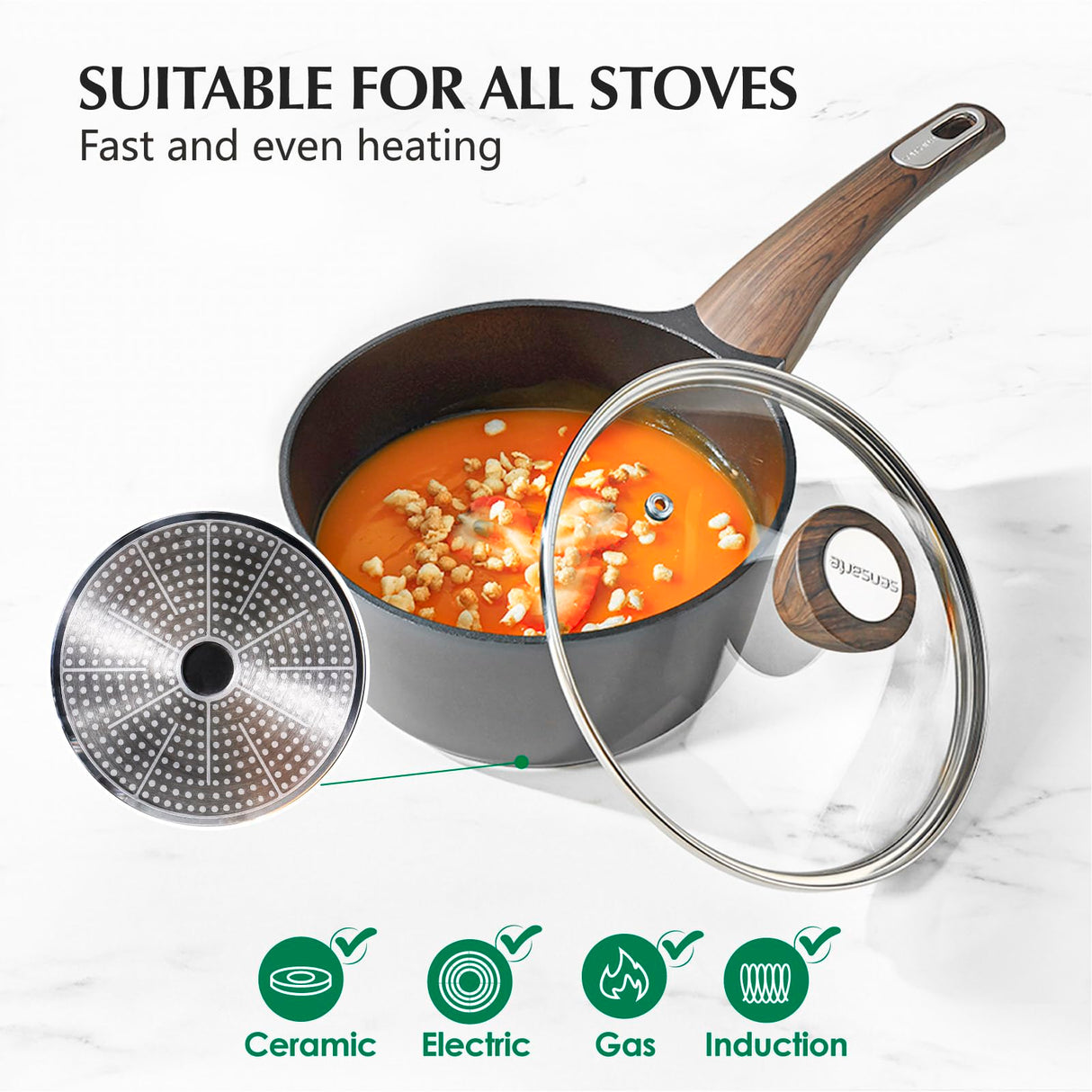 SENSARTE Pots and Pans Set Nonstick, 14 Pcs Induction Cookware Sets, Non-toxic Non Stick Kitchen Cooking Set with Frying Pans Set & Saucepan, PFOA PFOS APEO Free, Black SENSARTE