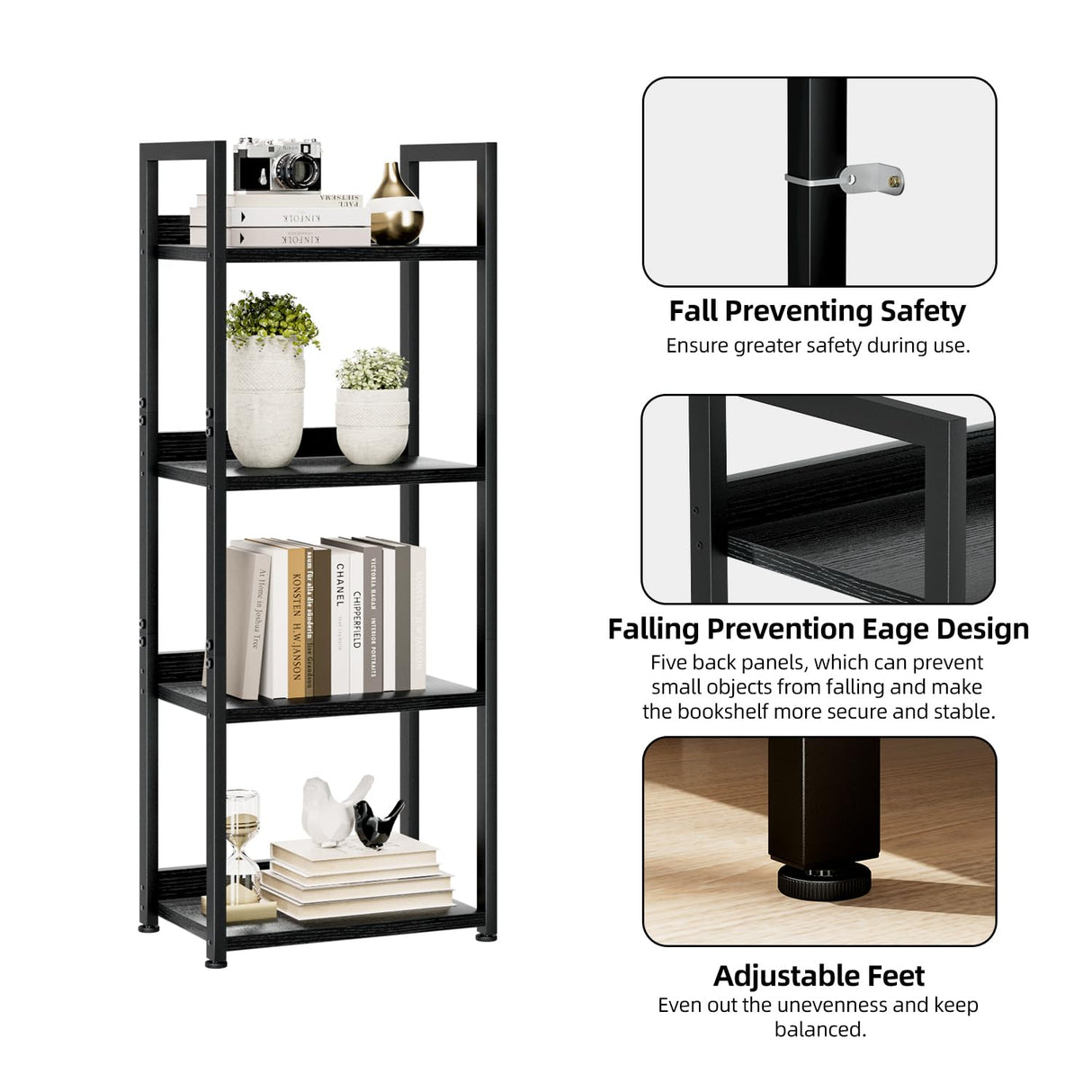 NUMENN Narrow Bookshelf, 4 Tier Bookshelves, Home Office Bookcase Shelf Storage Organizer, Free Standing Storage Shelving Unit for Bedroom, Living Room and Home Office, Black NUMENN