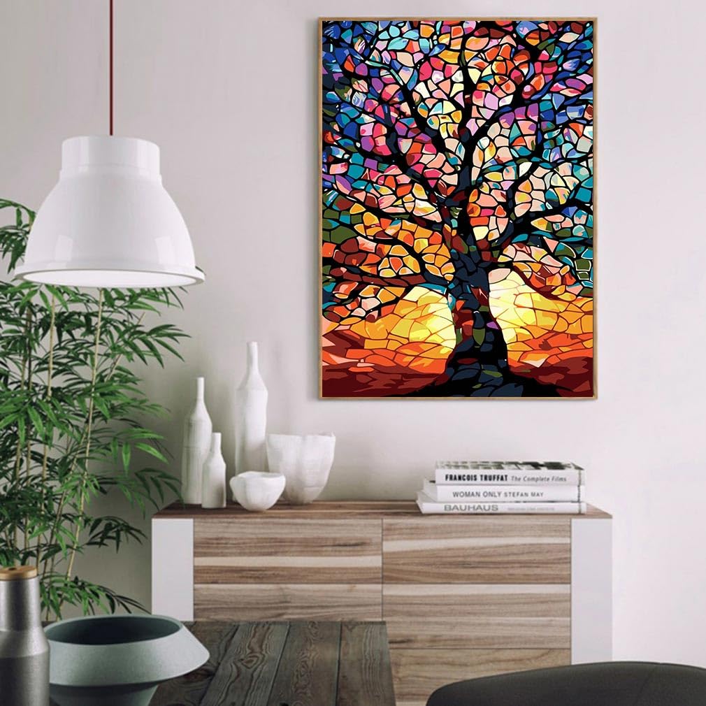 AALBLAC Paint by Numbers Kit for Adults Beginners - Stained Glass Tree of Life Paint by Number Canvas, DIY Acrylic Easy Tree Oil Painting for Gift Home Wall Decor 16 X 20 Inch AALBLAC
