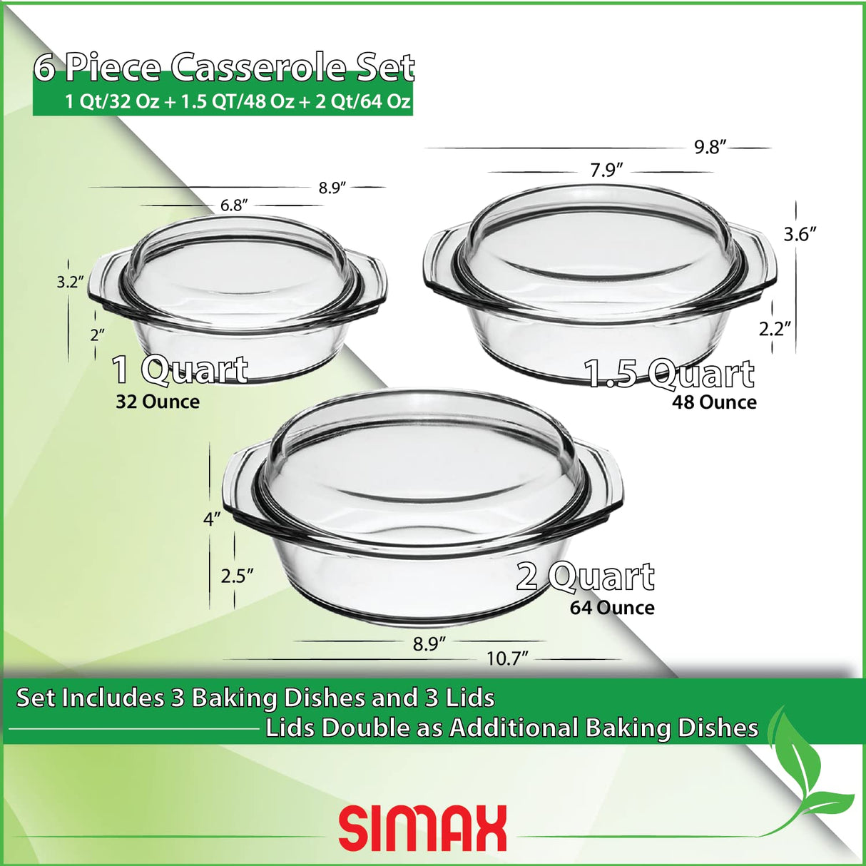 Simax Casserole Dish Set with Lid, Round Glass Cookware, Borosilicate Glass, Made In Europe 1 Qt, 1.5 Qt and 2 Qt Baking Dishes, Set of 3 SIMAX