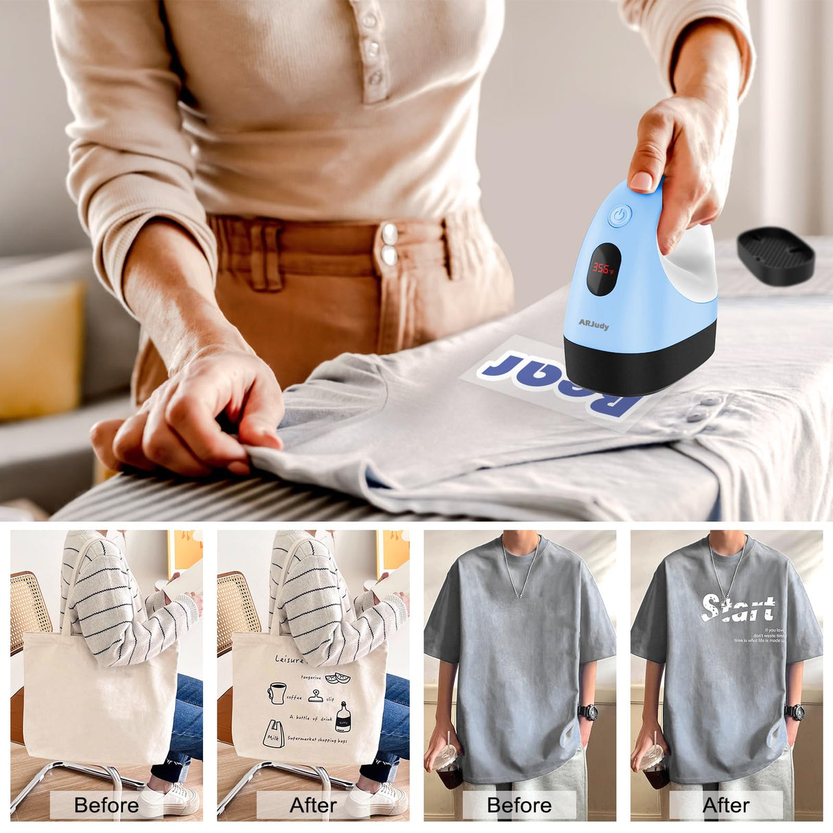 ARJudy Mini Heat Press Machine, Mini Heat Transfer Iron, 3 Settings Levels & Visible Temp, Portable Press Easy for Crafts, T-Shirt, Hats, Shoes, Bags, Cap and Small Vinyl Projects(Blue) ARJudy