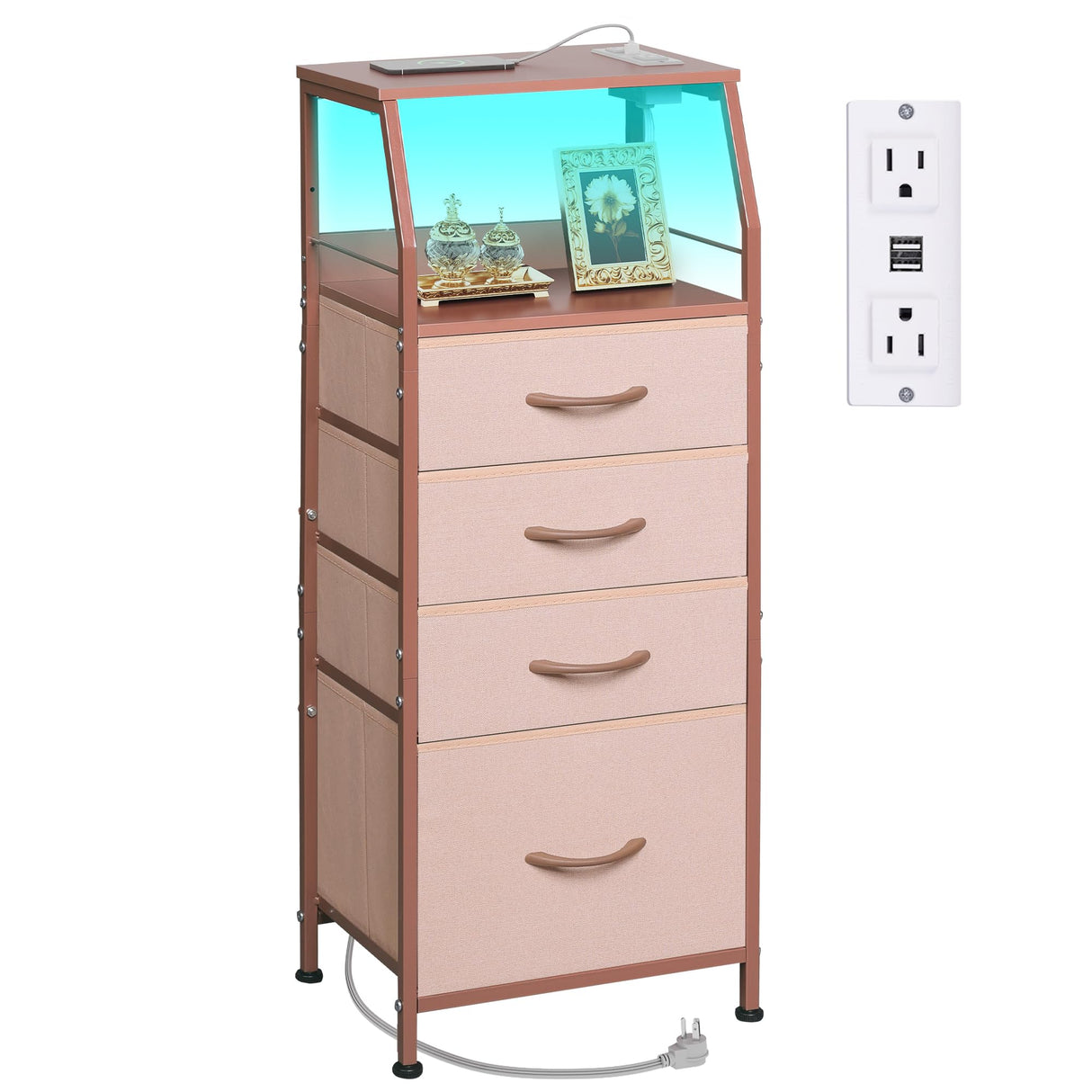 WLIVE 4 Drawer Dresser for Bedroom, 37" H Nightstand with Charging Station and Led Light, Tall Night Stand Bed Side Table, End Table with USB Ports and Outlets, Fabric Bins, Wood Shelf, Pink WLIVE