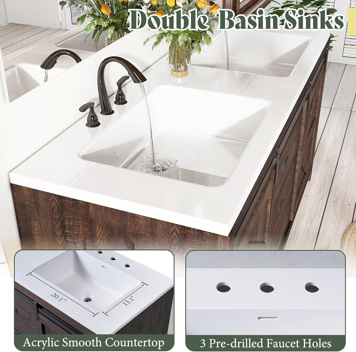 LUXOAK 60" Farmhouse Bathroom Double Vanity Sliding Barn Door with Sink Combo, Freestanding, Bathroom Vanity Cabinet with Drawers & Metal Handles, Reclaimed Barnwood LUXOAK