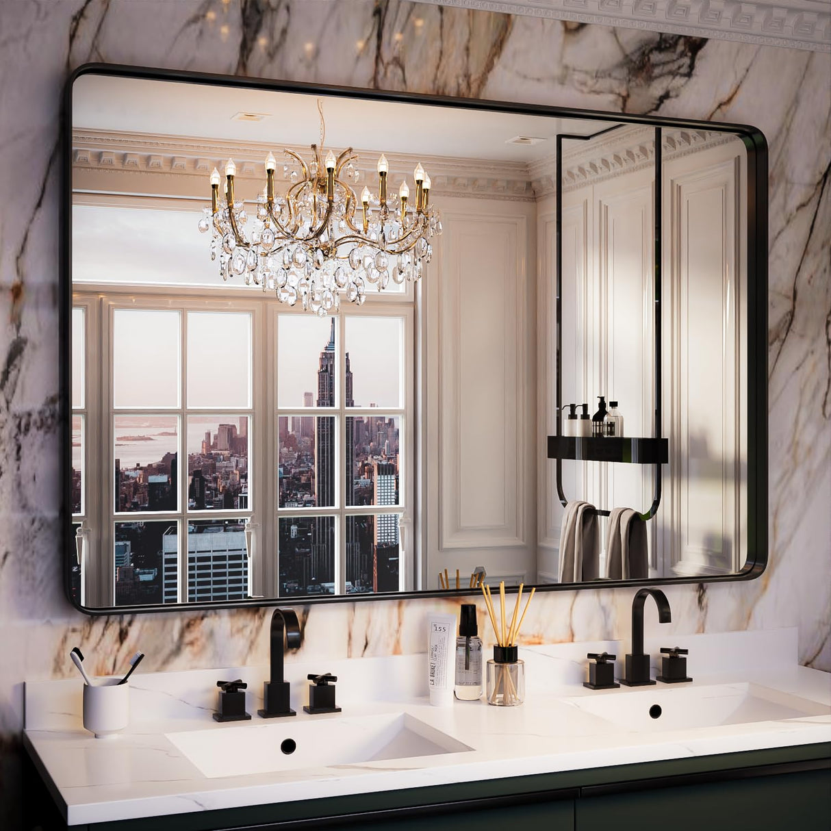 Yamazakura Black Bathroom Mirror for Wall, 55x36 Inch Matte Black Framed Bathroom Vanity Mirror for Farmhouse Living Room Bedroom, Anti-Rust, Tempered Glass, Rounded Corner, Horizontal/Vertical Yamazakura