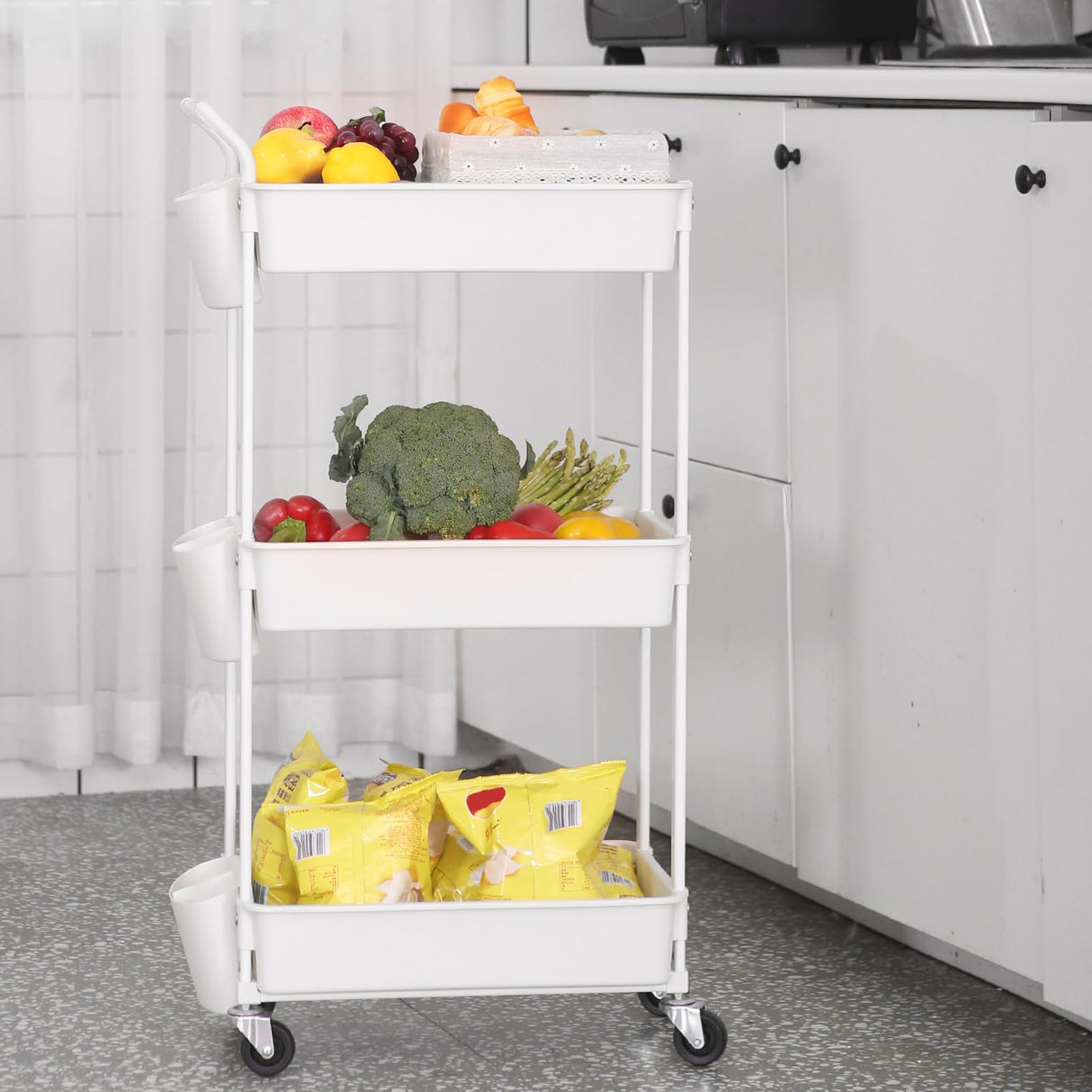 3-Tier Utility Rolling Cart,Mobile Utility Cart with Lockable Caster Wheels,Storage Shelves Organizer Cart, 3 Hanging Baskets, Easy Assembly,for Bathroom, Kitchen, Office, Workshop Hamone