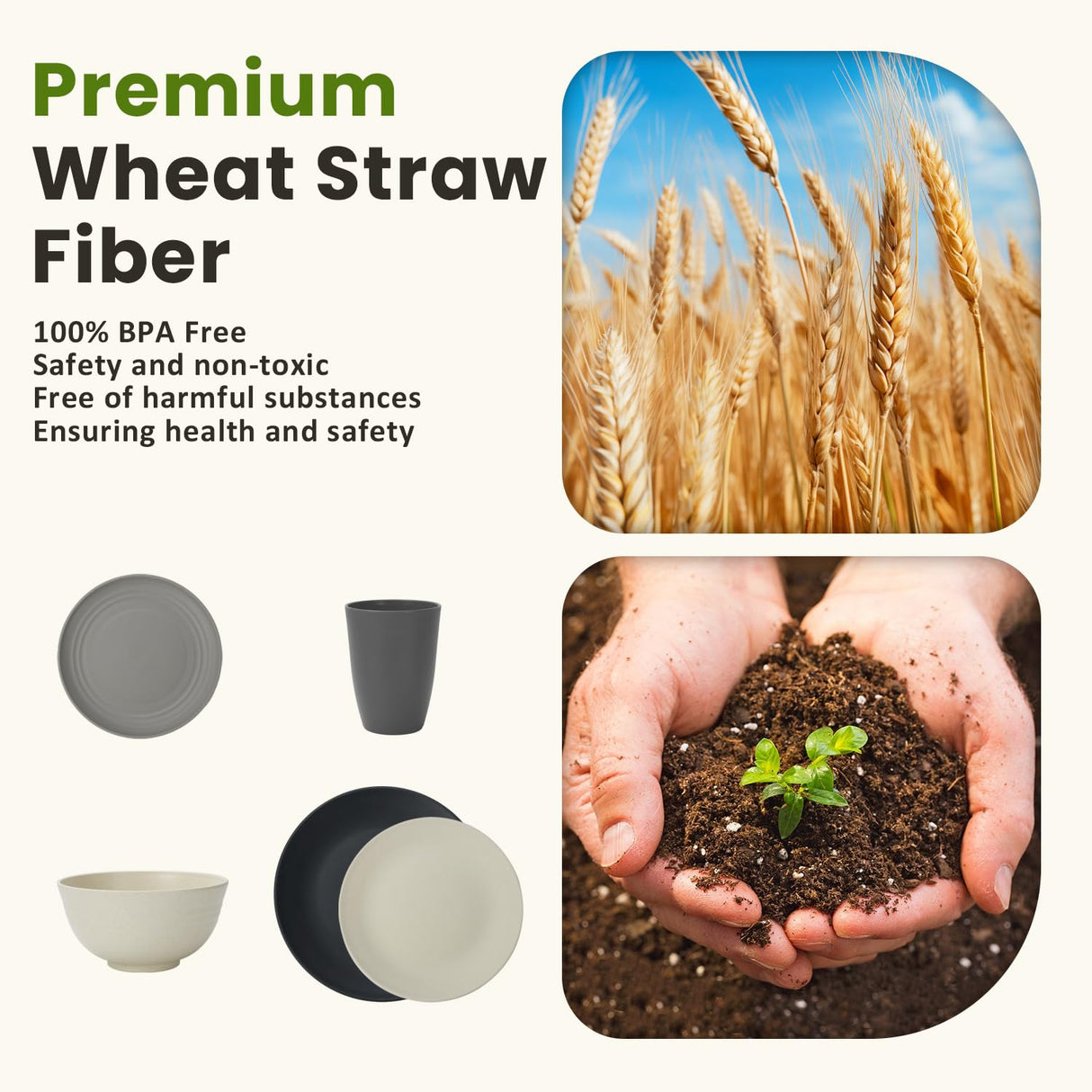 Homienly Kitchen Wheat Straw Dinnerware Set 40 PCS - Dinner Plates, Cereal Bowls, Wheat Straw Cups Set, Microwave and Dishwasher Safe Dishes Set, Unbreakable Dish Set for Party, Outdoor(Grey Stone) Homienly