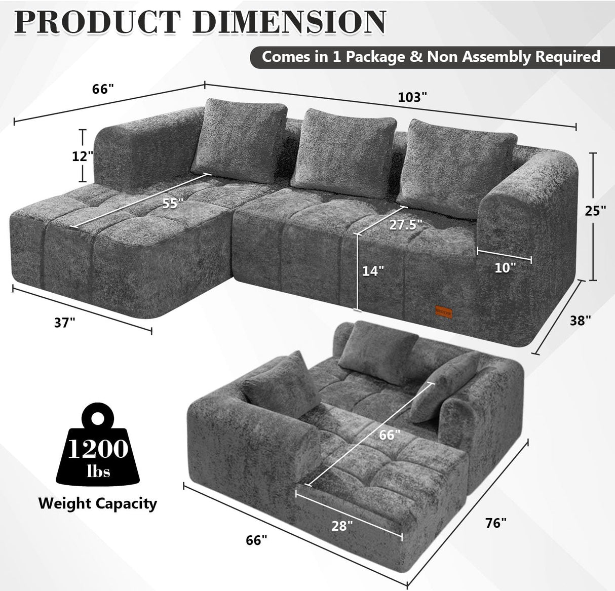HABUTWAY 103" L-Shaped Modular Sectional Sofa, No Assembly Required Deep Seat Couch with 3 Pillows, Soft Fabric Upholstered, Modern Chaise Lounge for Living Room, Bedroom, Grey HABUTWAY