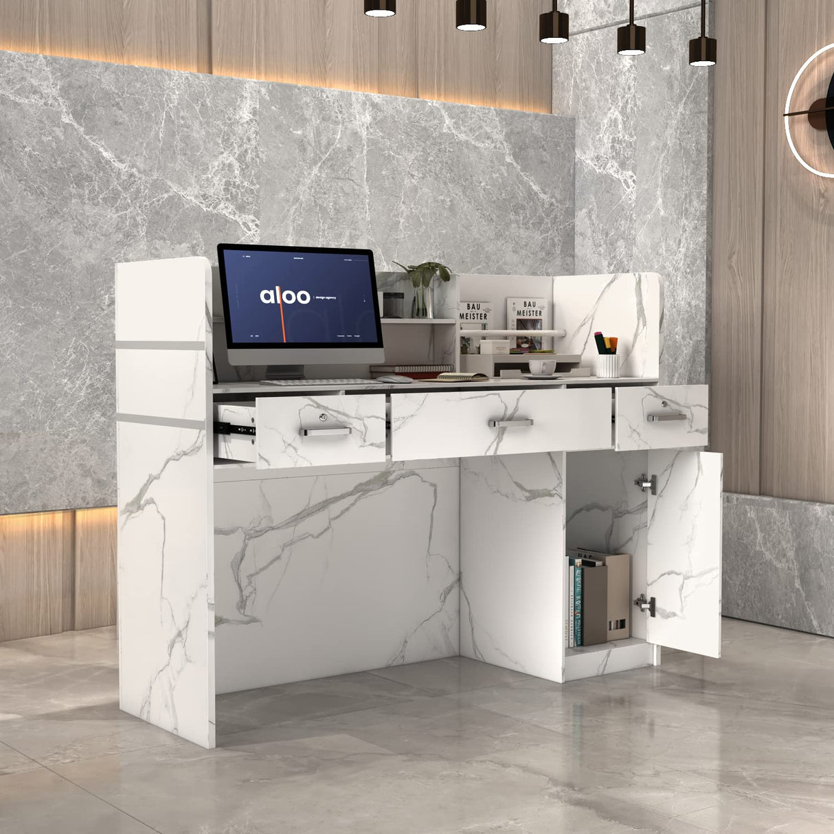 AIEGLE Reception Desk with Drawers & Storage Shelves, Reception Table with Private Panels, for Salon Reception Room Checkout Office, Marble White (47.3" L x 18.3" W x 43.3" H) AIEGLE