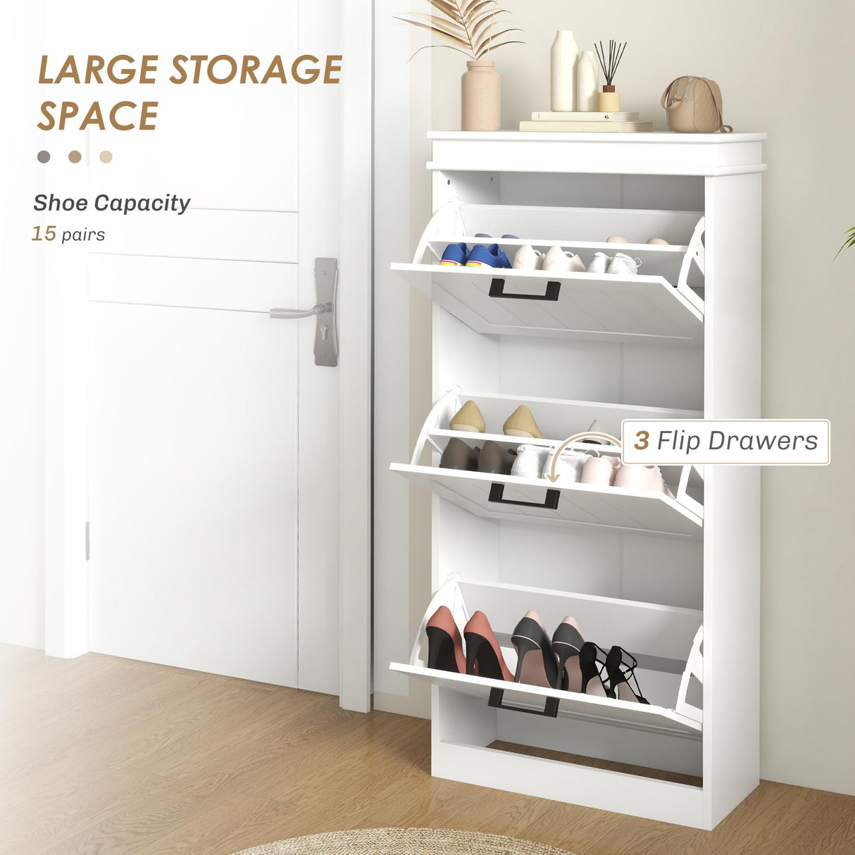 HOMCOM Shoe Storage Cabinet with 3 Flip Drawers, Freestanding Narrow Shoe Cabinet with Adjustable Shelves, Slim Hidden Rack Organizer for Entryway, Hallway, White HOMCOM