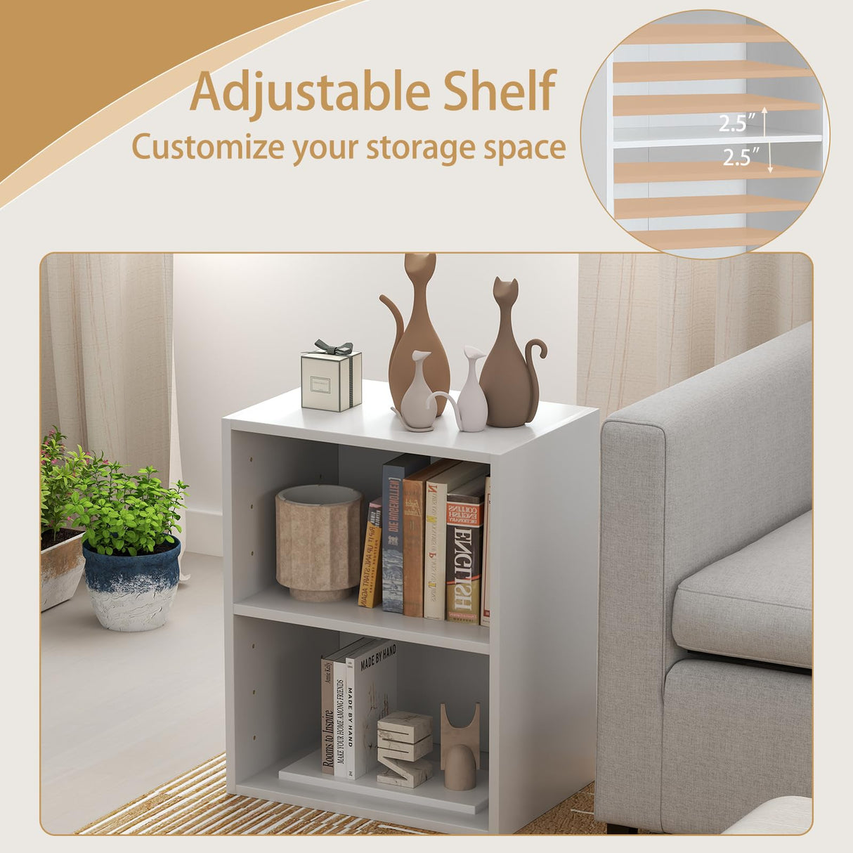 Tangkula 2-Tier Bookshelf, Open Shelf Bookcase with 7-Position Adjustable Shelf, Multifunctional Wooden Cubby Storage Display Shelf for Home Office Study Living Room (White, 1) Tangkula