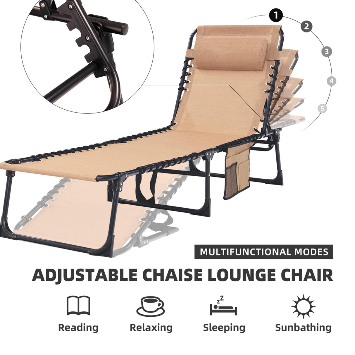 Foristrail Folding Chaise Lounge Chair Bed - Heavy-Duty 400lb Capacity Portable Adjustable Recliner w/Pillow for Patio, Pool, Camping, Sunbathing - Lay Flat Design (Beige) Foristrail