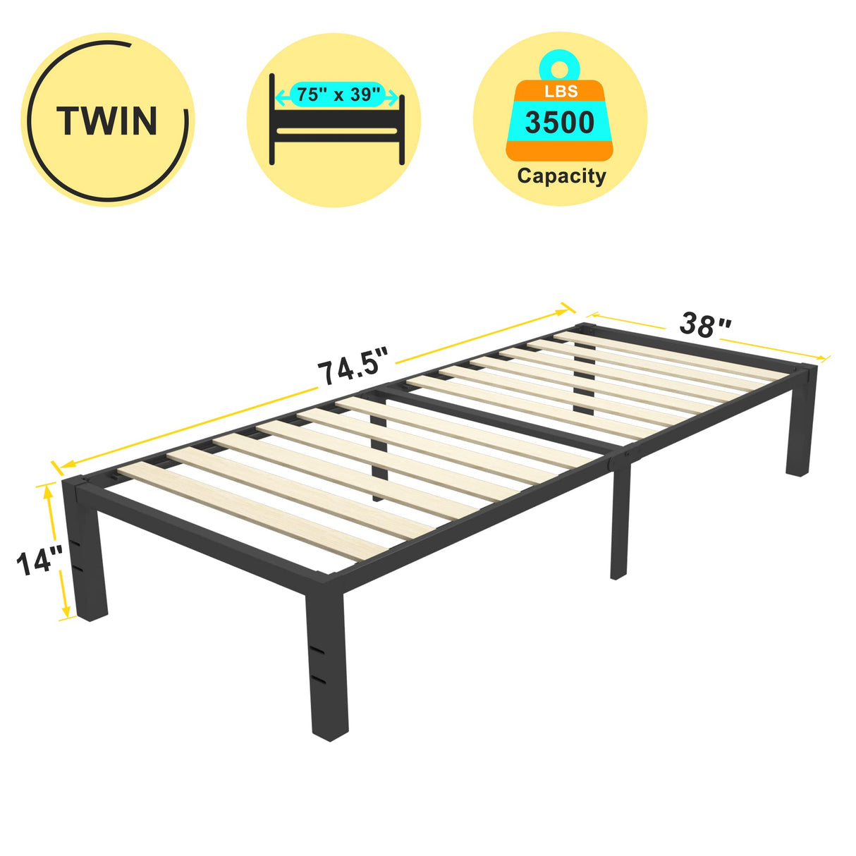 ROIL 14 inch Twin Size Bed Frames with Wide Wood Slats - 3500lbs Heavy Duty No Box Spring Needed Platform, Mattress Stoppers Single Metal Noise Free, Headboard Hole Underneath Storage ROIL