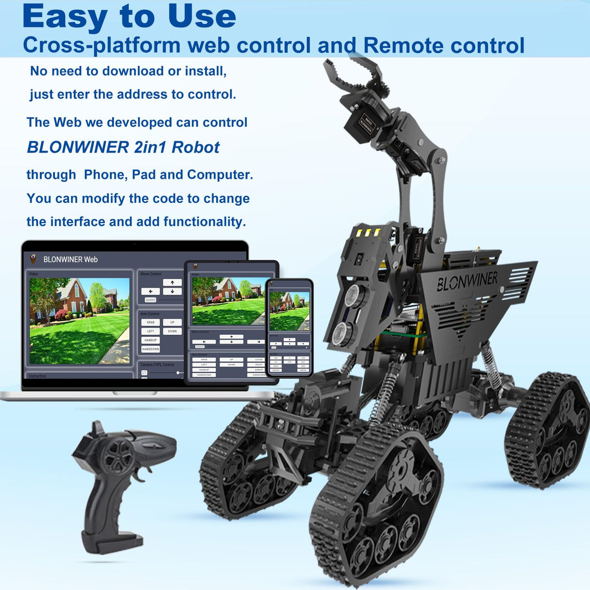 BLONWINER Robot Car Kit, 2 in 1 Smart Robotics Arm Building Toy for Raspberry Pi Python Coding, STEM Programming Tank Kits with Camera (Without RPi Board) BLONWINER