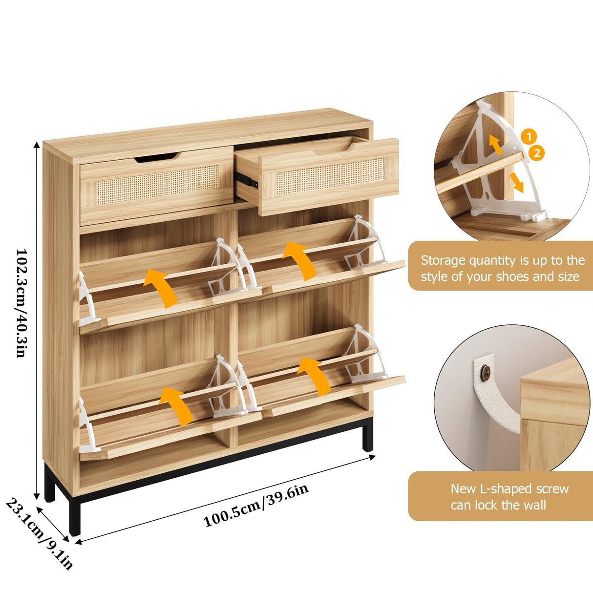 Jocoevol Rattan Shoe Cabinet Storage for Entryway - Hidden Shoes Storage with 4 Flip Drawers, Narrow Shoe Organizer Cabinet for Hallway, Foyer (Brown) Jocoevol