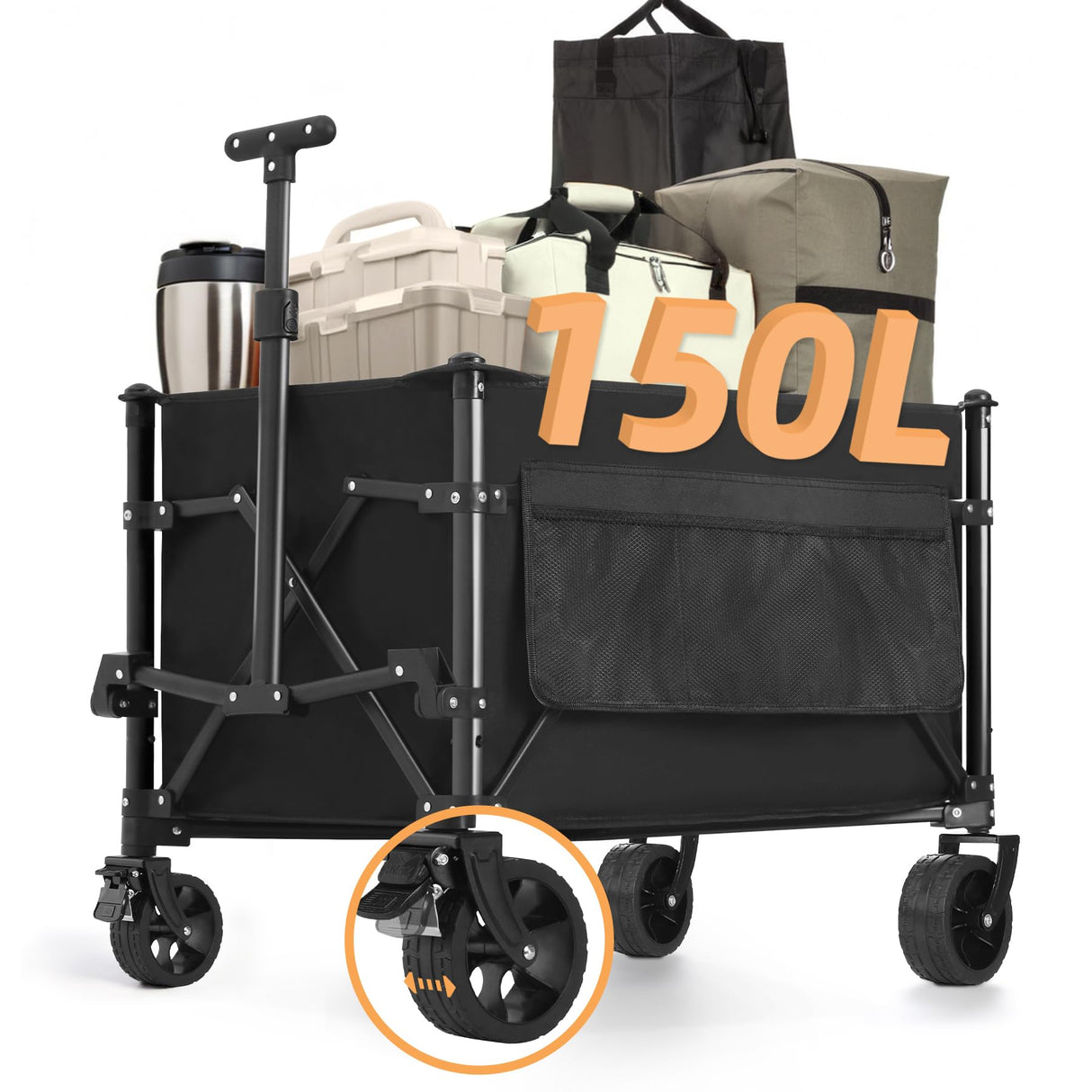 Favoyard Collapsible Foldable Wagon, 150L & 220LBS Weight Capacity Heavy-Duty Portable Beach Wagons w/All-Terrain Wheels & Brakes, Folding Utility Cart for Camping, Shopping, Sports, Grocery, Black Favoyard