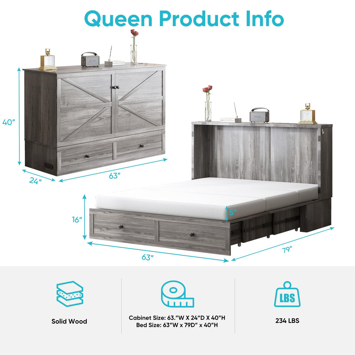 CECER Queen Size Murphy Bed with Tri-Folding Mattress,Murphy Bed with Charging Station and 2 Large Storage Drawers for Small Spaces/Bedroom(Grey) CECER