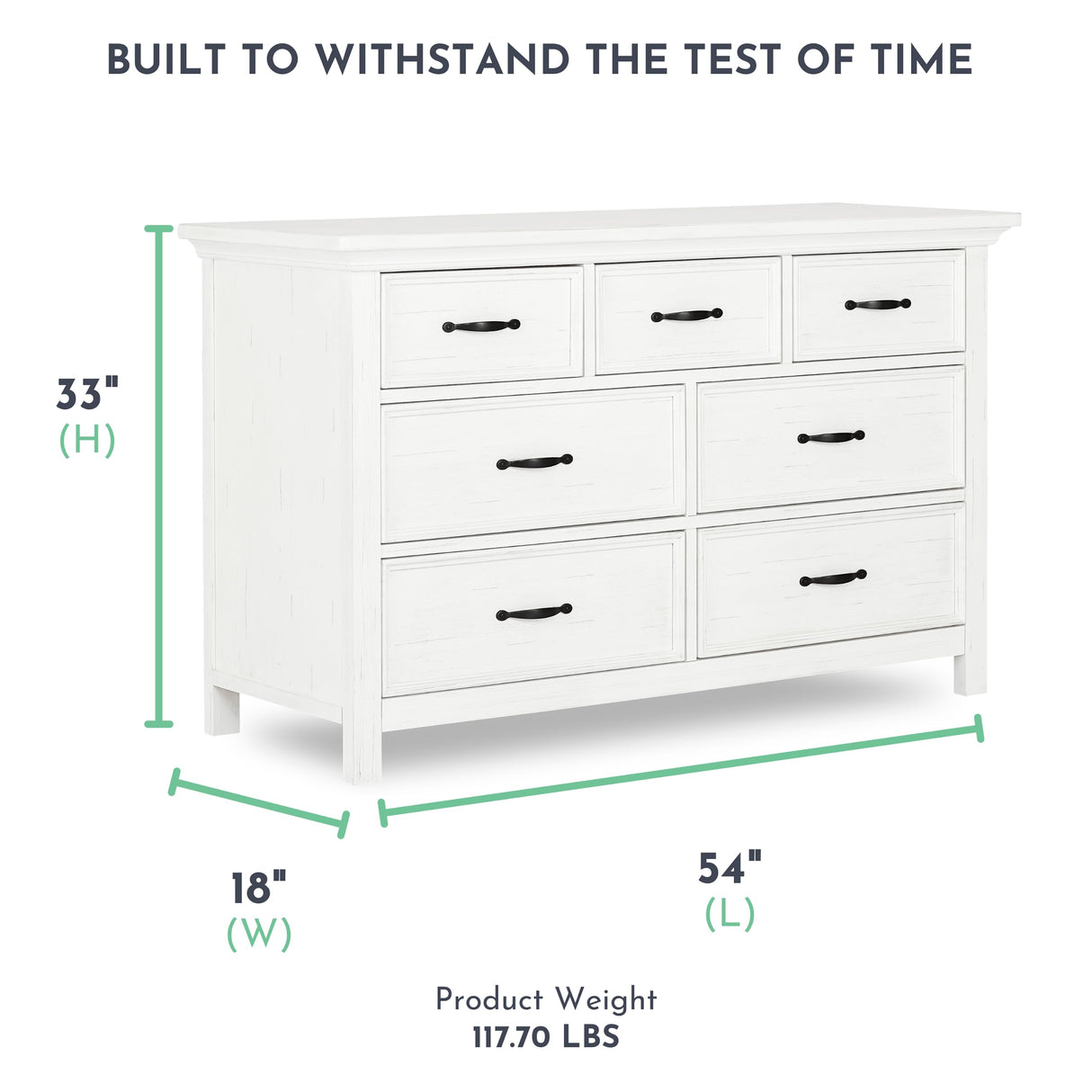 Evolur Belmar Double Dresser in Weathered White, Comes Assembled, Included Anti-Tip Kit, Seven Spacious Drawers, Dresser For Nursery, Bedroom, Wooden Nursery Furniture Evolur