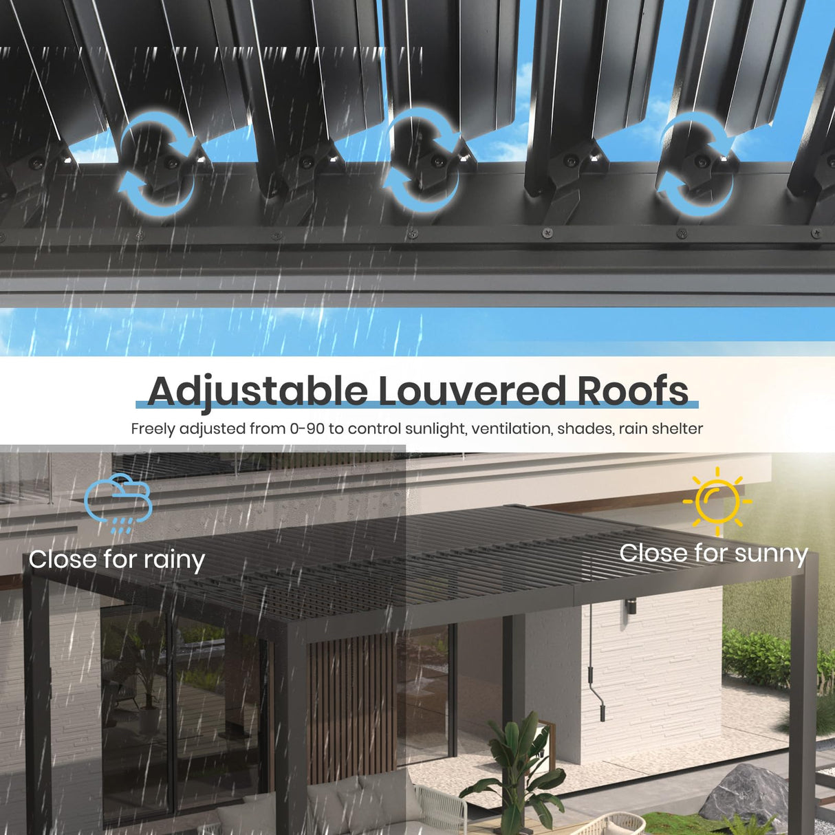 10'×13' Outdoor Louvered Pergola, Aluminum Outdoor Louvered Pergola Patio with Adjustable Roof for Outdoor Deck, Backyard, Garden (10x13FT with Curtain) GS CHIER