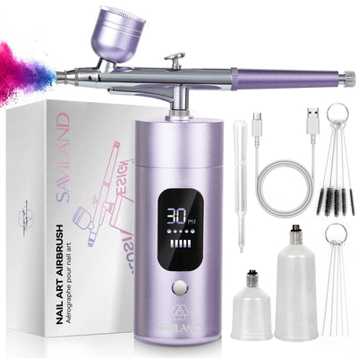 SAVILAND Advanced AirBrush Kit for Nails: 30 PSI LCD Display Airbrush Kit with Compressor Rechargeable Nail Airbrush Machine with 0.3mm Nozzle Cordless Portable Air Brush Painting Set for Nail Art