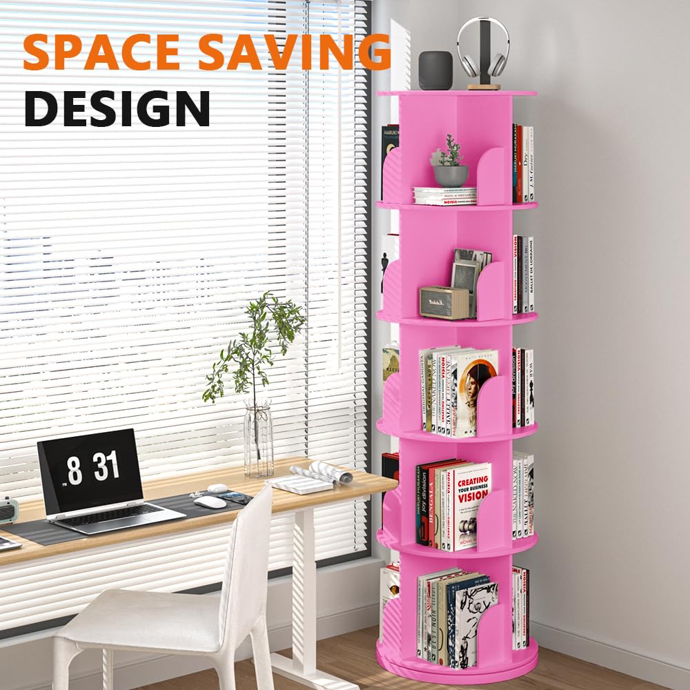 Nidouillet Rotating Bookshelf Tower, 5 Tier Spinning Bookcase Lazy Susan, Revolving 360 Book Shelf Storage Round Organizer, Vertical Rotate Turning Corner Book Case for Small Space, Pink Nidouillet