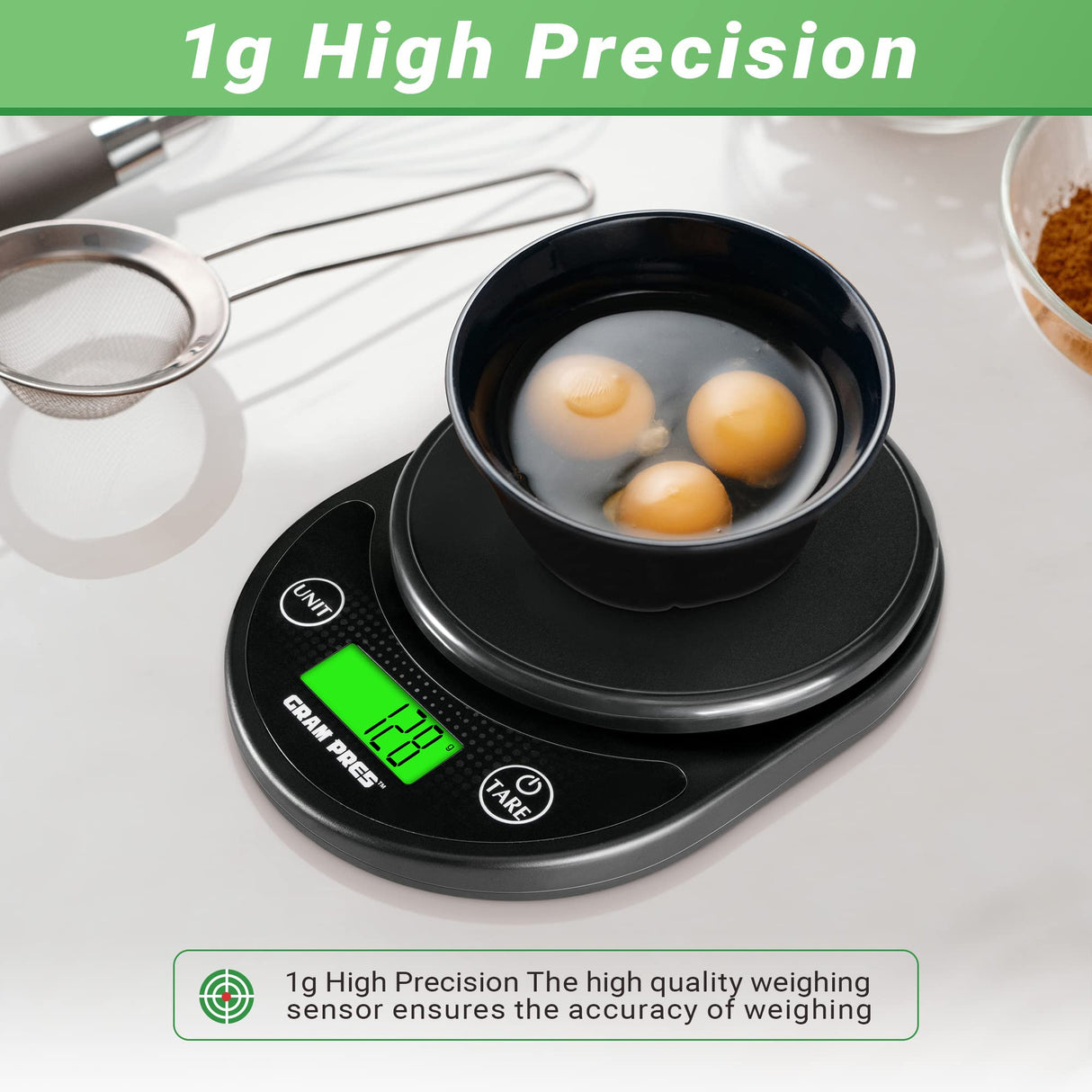 GRAM PRES Food Kitchen Scale Digital Weight Grams and Oz with IPX6 Waterproof,Professional Digital Kitchen Food Scale 11lb/0.01oz with LCD Display for Weight Loss Dieting Baking Cooking GRAM PRES