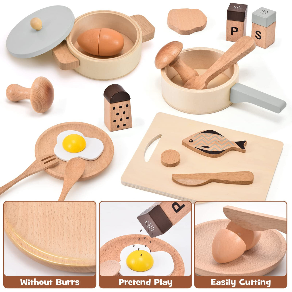 Atoylink Play Kitchen Accessories Wooden Toys Pots and Pans for Kids 23Pcs Montessori Kitchen Pretend Play Food Cooking Set for Toddler Boys Girls Age 2 3 4 5 Birthday Gifts Atoylink