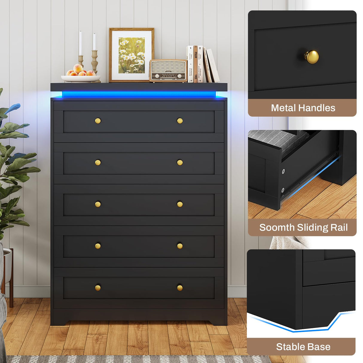 AOGLLATI Black Dresser for Bedroom,5 Drawer Dresser with Led Lights,Modern Led Tall Bedroom Dresser with Top Floating Design for Bedroom Hallway,Black AOGLLATI