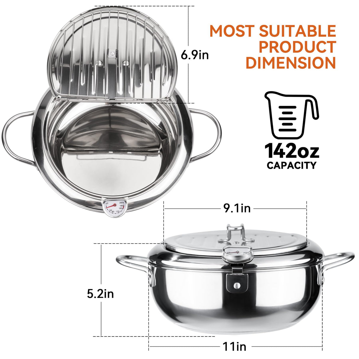 Kerilyn Deep Fryer Pot, 11 Inch/4.2 L Janpanese Style Tempura Frying Pot with Lid, 304 Stainless Steel with Temperature Control and Oil Drip Drainer Rack, for Kitchen French Fries, Chicken etc Kerilyn