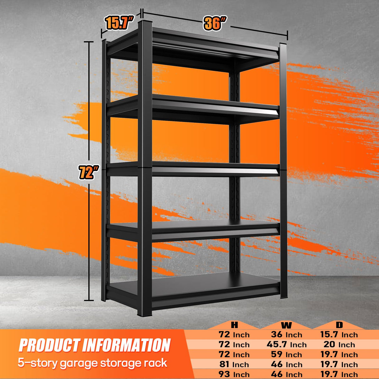 FFVVGH 72 ”H Garage Shelving Heavy Duty, Garage Storage Shelves 2500LBS Industrial Shelving Unit, Adjustable Metal Shelving, Steel Garag Organizer, Rack Shelf for Basement, 72 ”H×36”W×16”D FFVVGH
