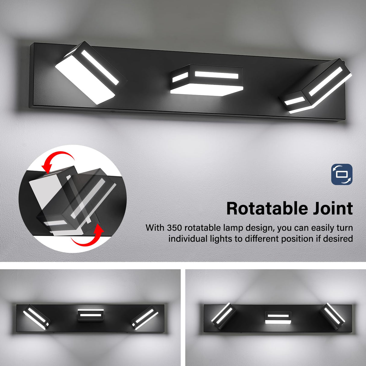 Donrao LED Modern Bathroom Vanity Light Fixtures (3-Light, 24-Inch), Acrylic Matte Black Bathroom Wall Lighting Fixtures Over Mirror (Cool White 6000K) with Rotatable Vanity Lights Heads Donrao