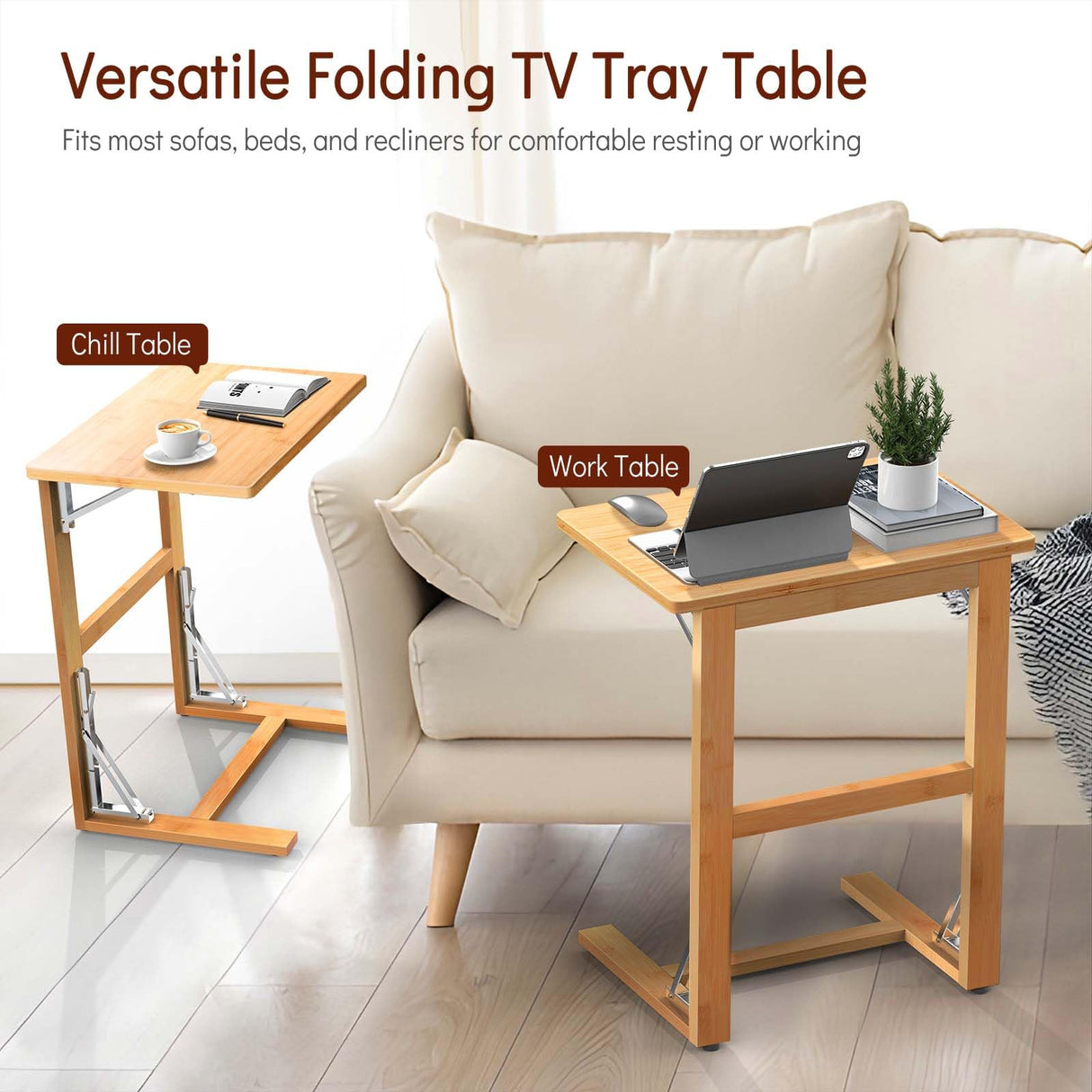 Tatub 24'' Wide Folding C Shaped End Table, Small Sofa Side Laptop Desk, Couch TV Tray Table for Living Room, Bedroom, Nature Bamboo Tatub