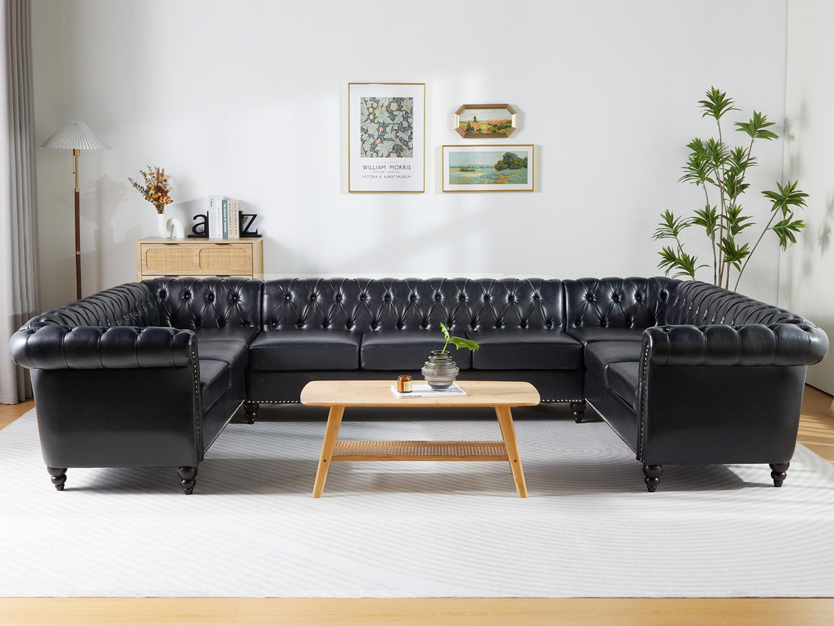 U Shaped Large Sectional Sofa, Chesterfield Leather Faux Couch Tufted Accent Sofa with Scroll Arms and Nailhead for Living Room, Office ORRD