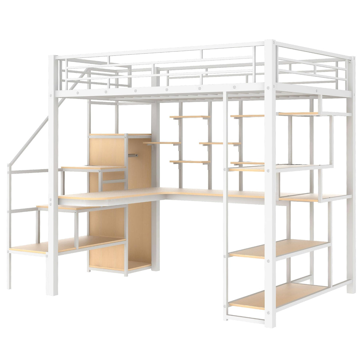 RuiSiSi Multifunctional Full Metal Loft Bed with Integrated Desk, Wardrobe, and Shelves in White RuiSiSi