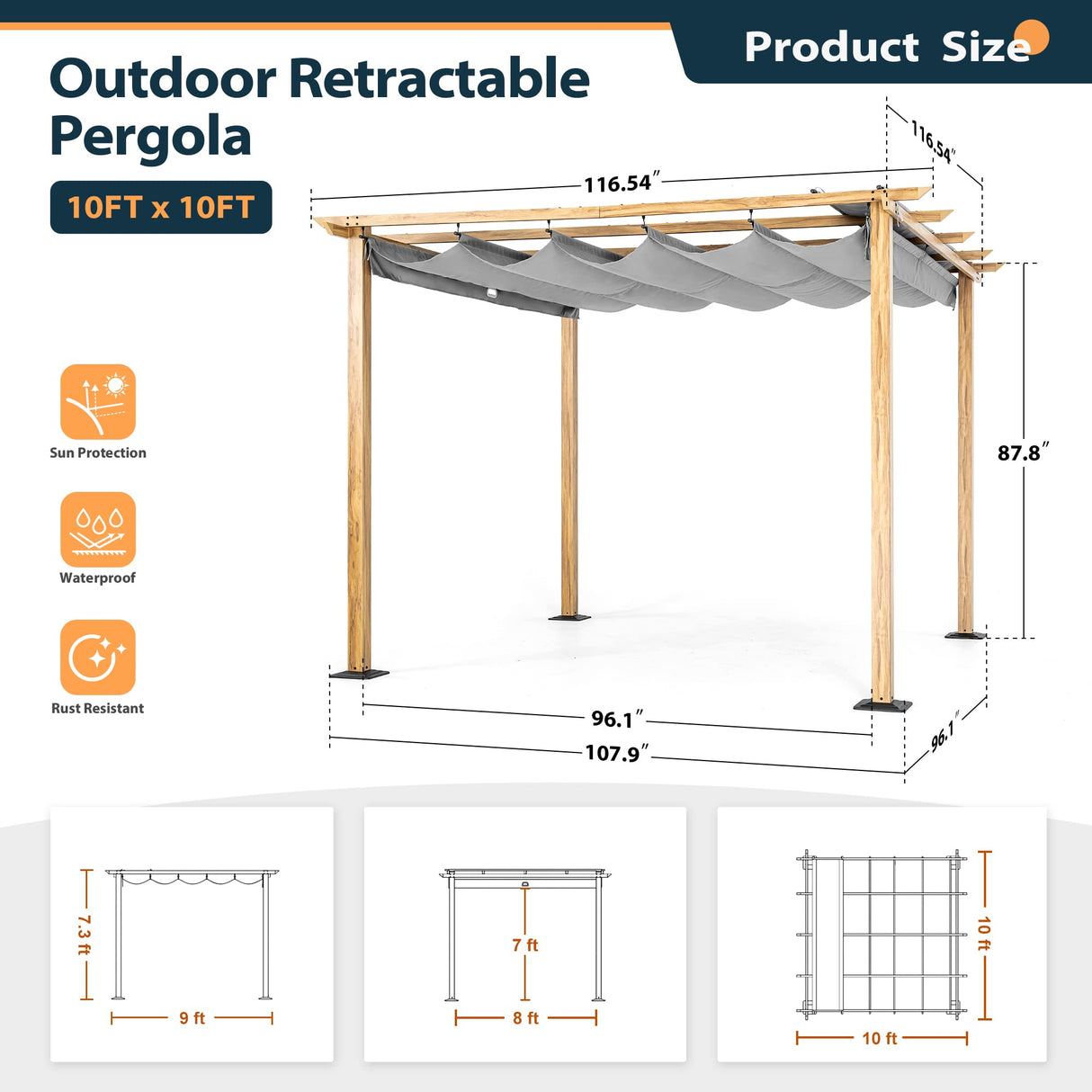 HAPPATIO 10' X 10' Pergola Retractable Pergola Canopy for Backyard, Garden, Patio; Woodgrain-Look Aluminum Pergola with Retractable Pergola Canopy, Includes Anchors and Expansion Screws (Grey) HAPPATIO