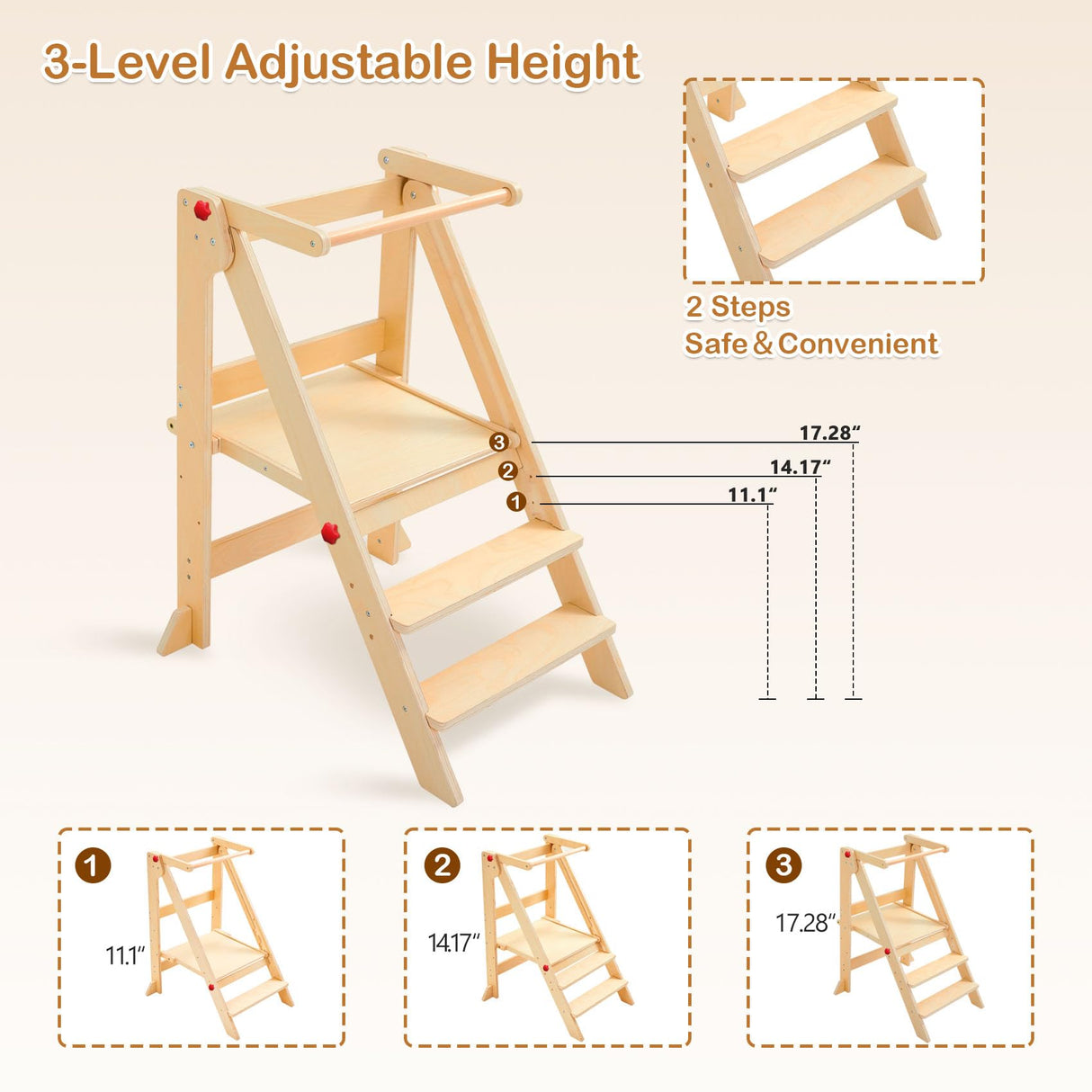 Foldable Toddler Tower with Safety Rails, 3-Level Adjustable Height Standing Kitchen Stool Helper with Safety Feet, Montessori Learning Tower for Toddlers Aged 1-6,Natural Cheete