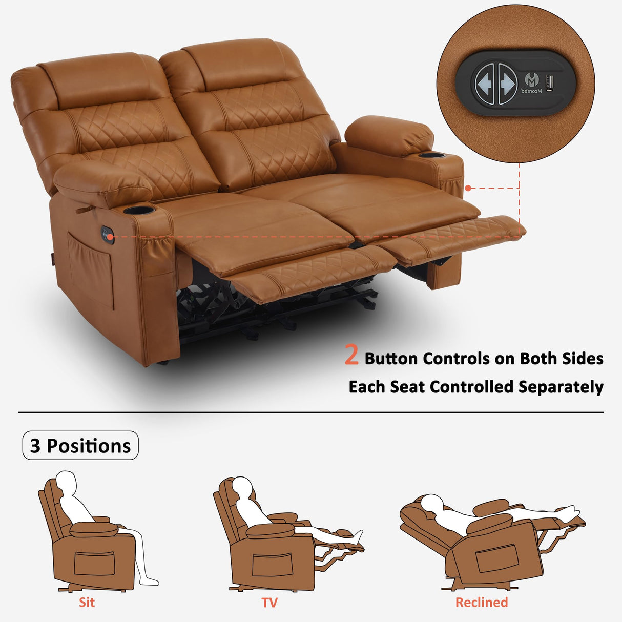 MCombo 56.3" Zero Gravity Power Loveseat Recliner with Heat and Vibration Massage, Reclining Loveseat Sofa with USB Ports, Cup Holders for Living Room, Faux Leather PR622Sets (Saddle) MCombo