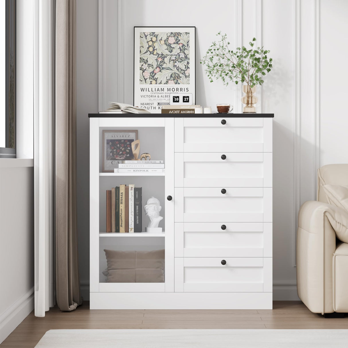 HOSTACK 5 Drawer Dresser with Door, White Storage Cabinet with Drawers and Shelves, Wide Wood Dresser, Modern Chest of Drawers Organizers for Living Room, Kitchen, Hallway HOSTACK