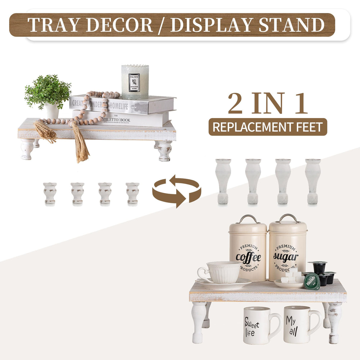Hanobe Wooden Riser Decorative Tray: Farmhouse Wood Pedestal Display Stand Rustic Whitewashed Tray Riser Centerpiece for Coffee Bar Kitchen Dining Room Home Table Decor, Short & Tall Footed Hanobe