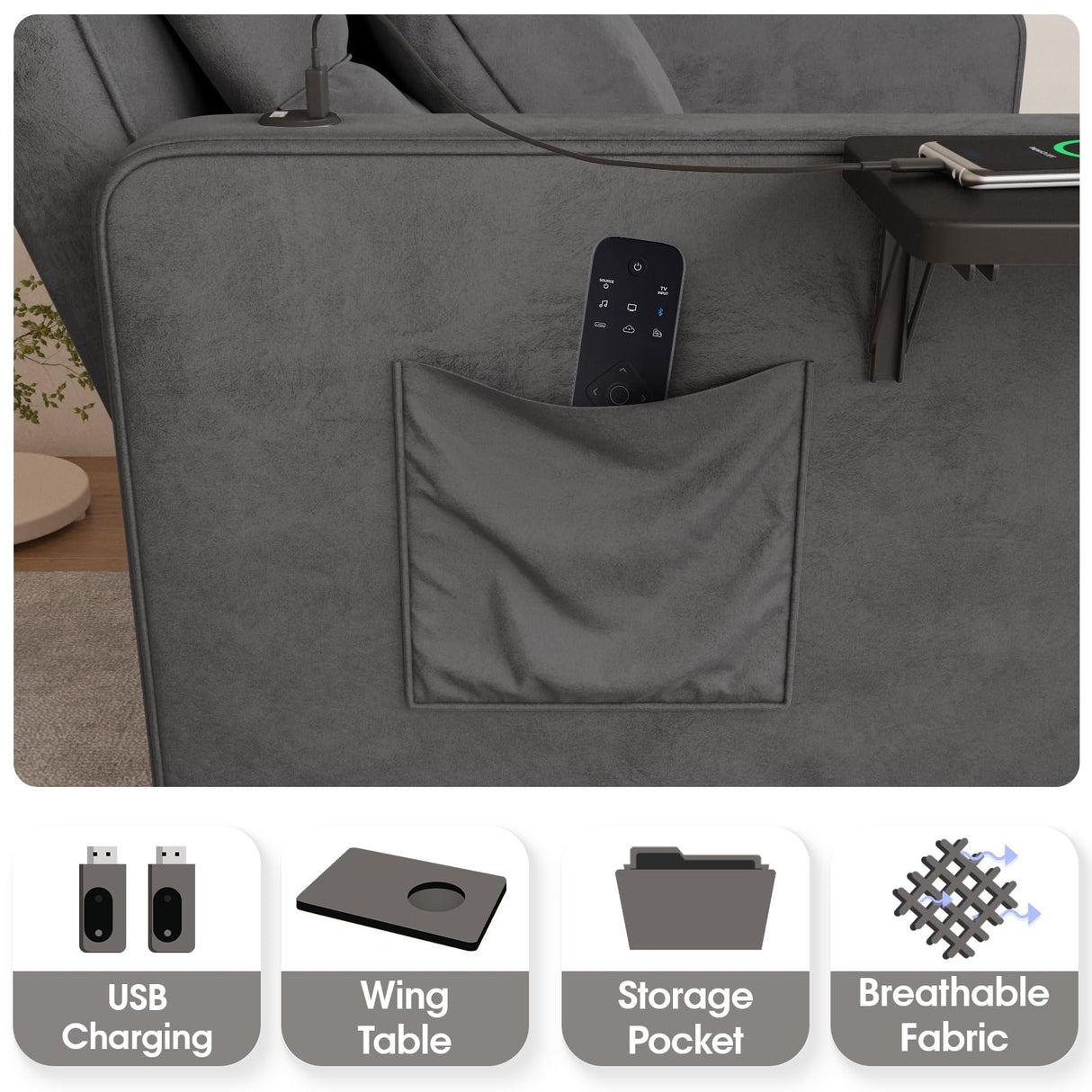 Vabches Sofa Bed Chair with Wing Table and USB Ports Outlet, 3-in-1 Sofa Chair Bed Couches with Two Pillows, Velvet Sleeper Chair with Adjustable Backrest, Easy Assembly, Dark Grey Vabches