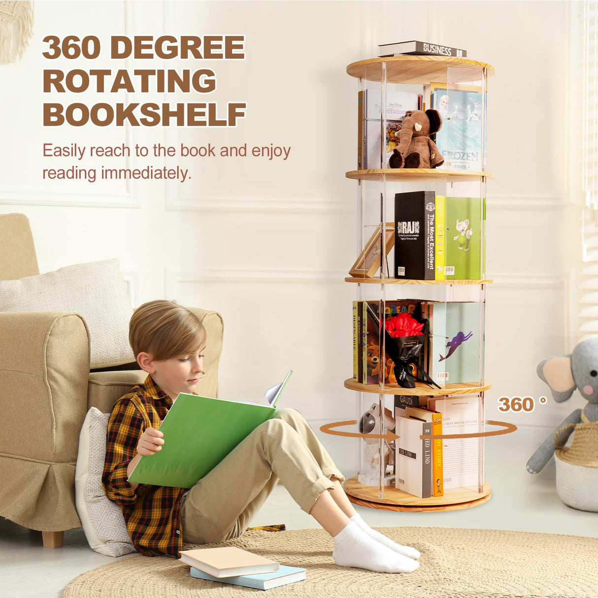 TAKEKIT 360° Rotating Bookshelf, 4-Tier Spinning Book Shelf Tower with Solid Wood & Clear Acrylic, Round Revolving Bookcase for Living Room, Bedroom and Office TAKEKIT