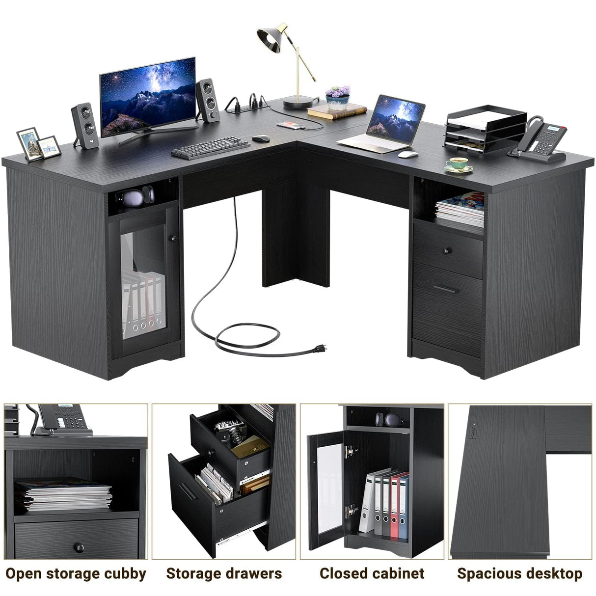 Unikito L Shaped Office Desk with Drawer, 60 Inch Computer Desk with Power Outlet & USB Charging Port, Large Corner Desk with File Cabinets, 2 Person Sturdy Executive Desk with Storage Cabinet, Black Unikito