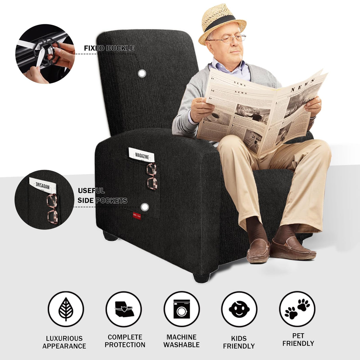 Jcones 3 Pieces Plush Fabric Extra Small Recliner Chair Covers Stretch Recliner Slipcover for Lazy Boy Wide Recliner Chair Washable (Black) Jcones