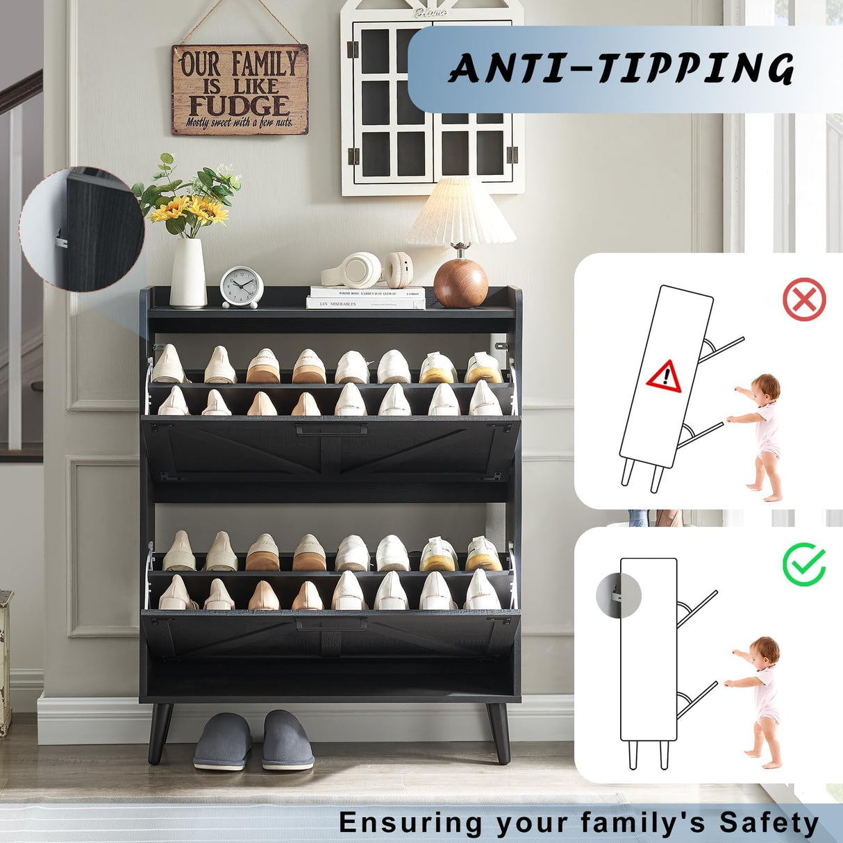 Barnyatoh Shoe Storage Cabinet with 2 Flip Drawers, Farmhouse Hidden Shoe Organizer, Narrow Slim Shoe Rack Cabinet for Entryway Hallway,Black Barnyatoh