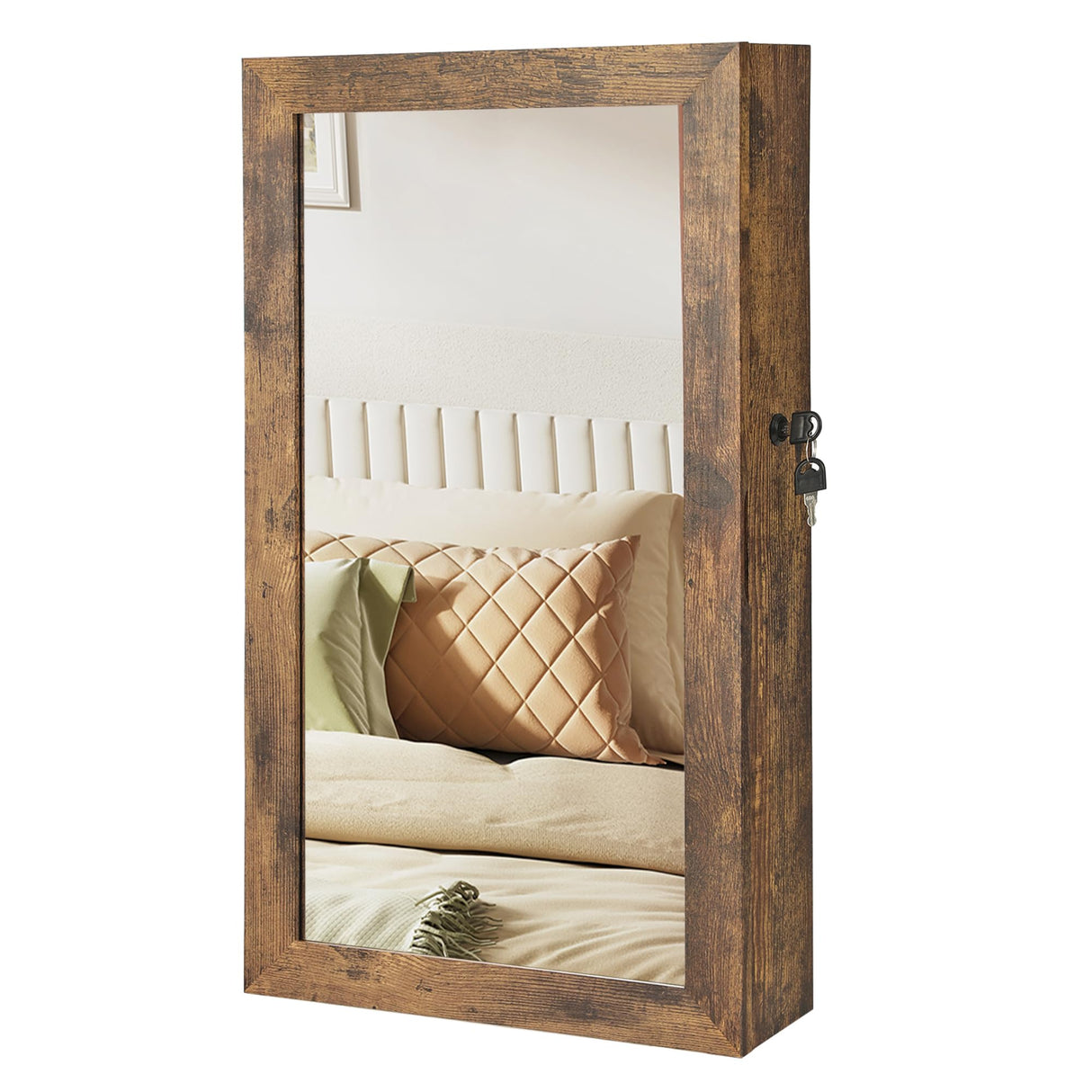 SONGMICS Lockable Jewelry Cabinet Armoire with Mirror, Wall-Mounted Space Saving Jewelry Storage Organizer, Rustic Brown UJJC051K01 SONGMICS