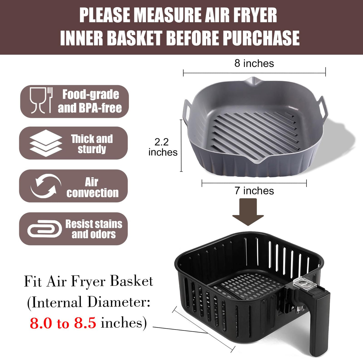 Golden Associate Silicone Liners Square 8 Inches for Air Fryer, 2 Pcs Non-stick Food-grade Reusable Silicone Pot Baking Tray Basket Bowl Oven Air Fryer Accessories Golden Associate