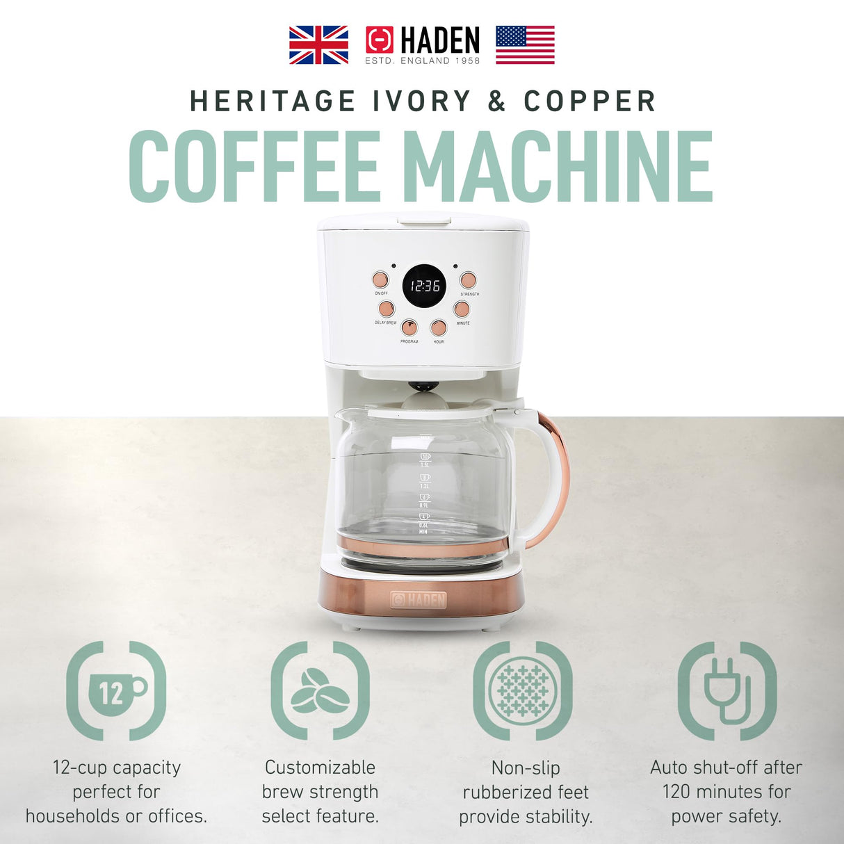 Haden Coffee Machine, 12 Cup Programmable Drip Coffee Maker with Auto Shut-Off Function and Reusable Washable Water Filter, Ivory & Copper HADEN
