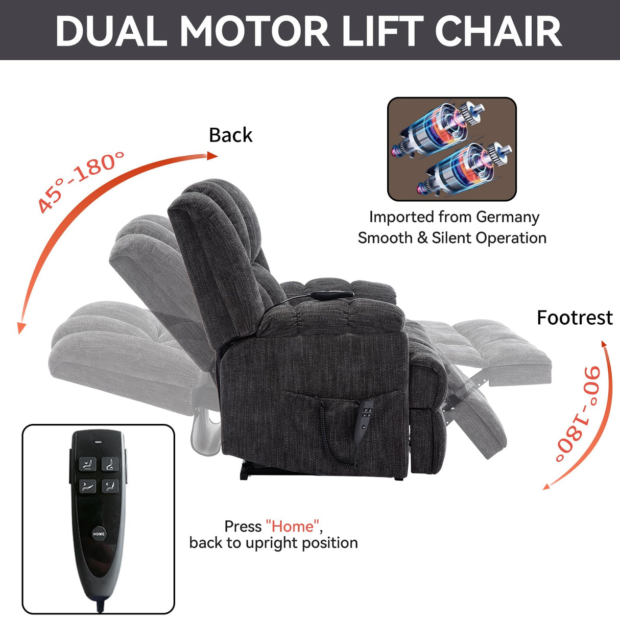 EZZUP Power Lift Chair with Vibration Massage Heat for Elderly People, Dual Motor Electric Lay Flat Recliner Chair with Power-Remote, Standing Assistance Reclining, Chenille Dark Gray EZZUP