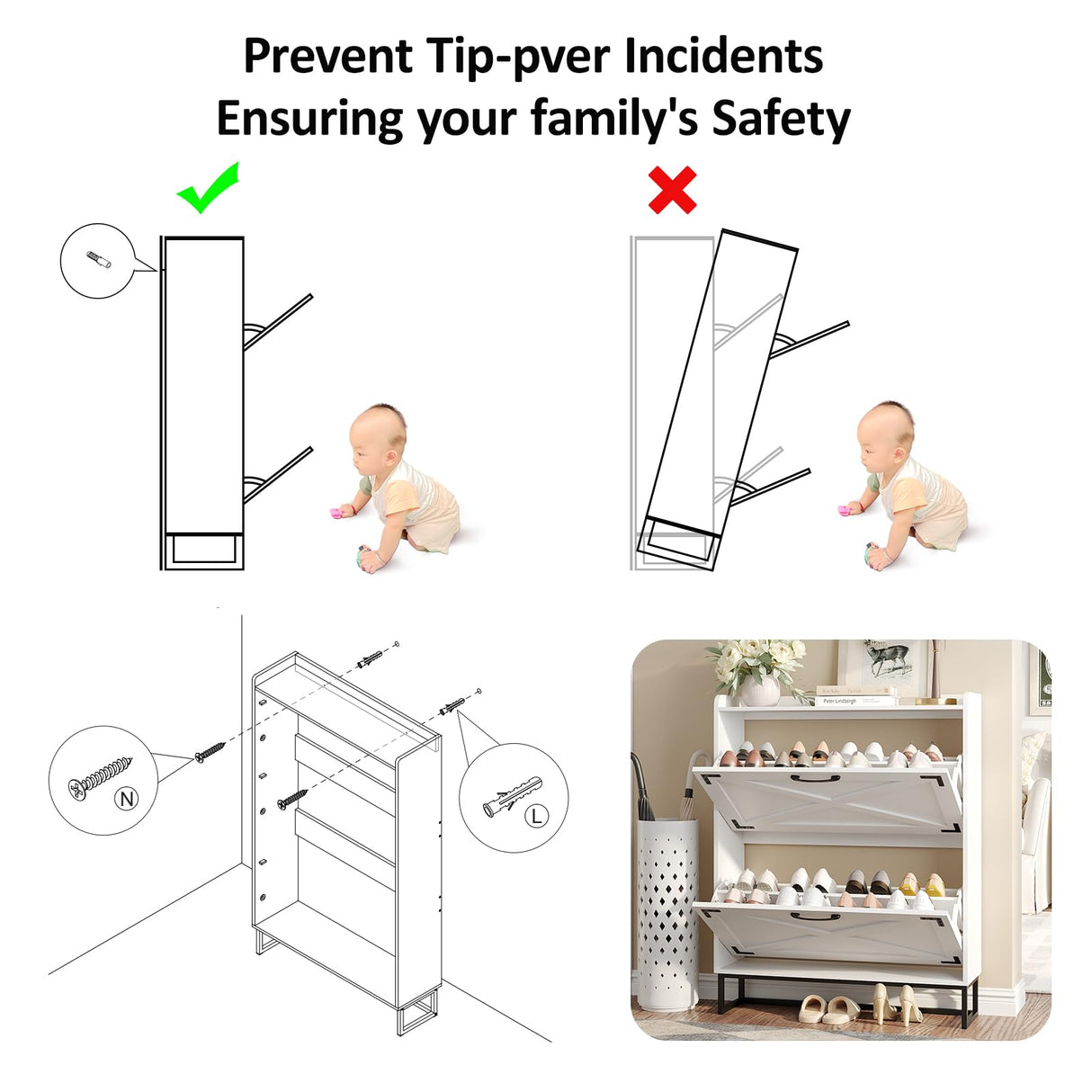 Maupvit Shoe Storage Cabinet with 2 Flip Drawers, Freestanding Organizer with Metal Legs for Entryway, Narrow Shoe Rack Cabinet, Black White Maupvit