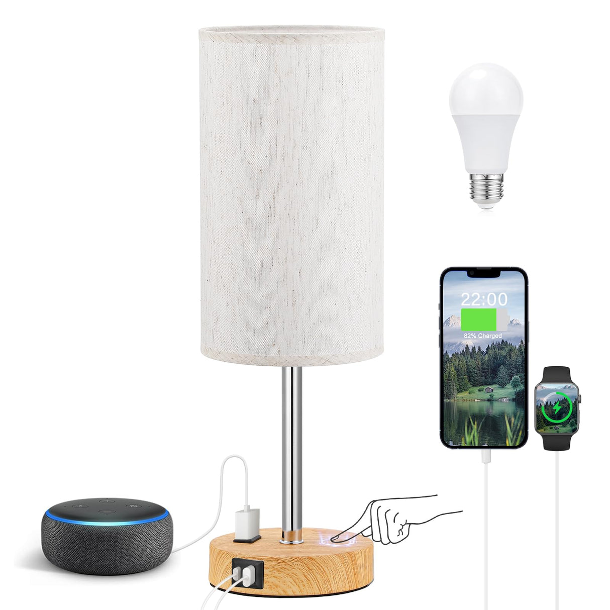 Fenmzee Touch Table Lamp - Cream, 3-Way Dimmable, USB A + C Charging, AC Outlet, 17.4inch Medium, Wood Grain Base Fenmzee